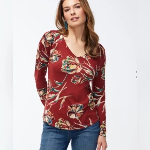 Chico’s Floral Spun Rayon V-Neck Rust Lightweight Sweater Size 0 Oversized Fit - Picture 1 of 5